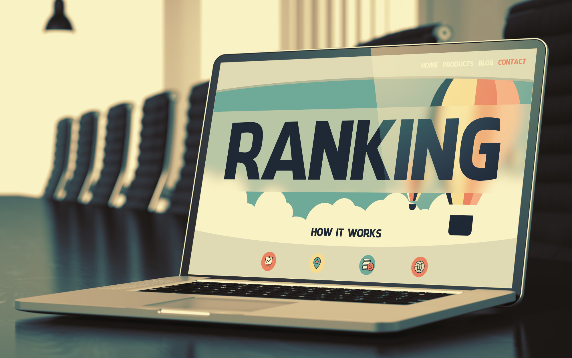 A computer showing rankings and 9 key tips for how to get to the top of Google.