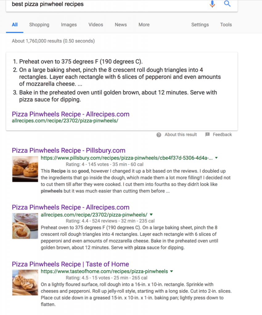 Results from the google search for best pizza pinwheel recipes | Matchbox Design Group The google serp for best Pizza Pinwheel Recipe