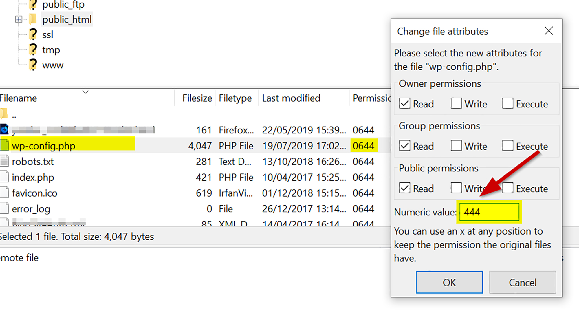 Set Correct File Permissions | Matchbox Design Group | St. Louis, MO File permissions shown in this picture indicate why these 5 WordPress security tips are important.
