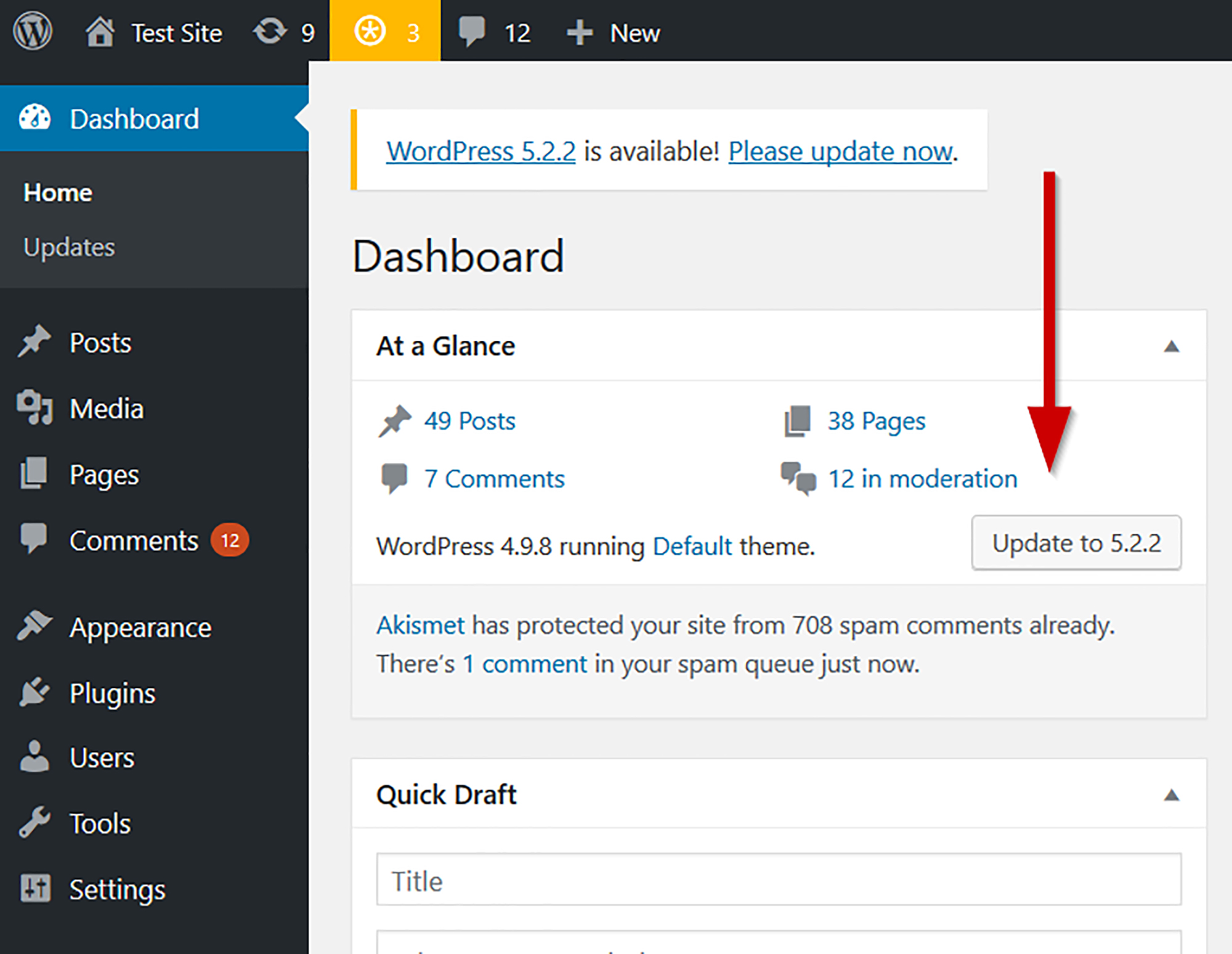 Update WordPress And WordPress Plugins | Matchbox Design Group | St. Louis, MO Be sure to always update WordPress and plugins as shown in this image.