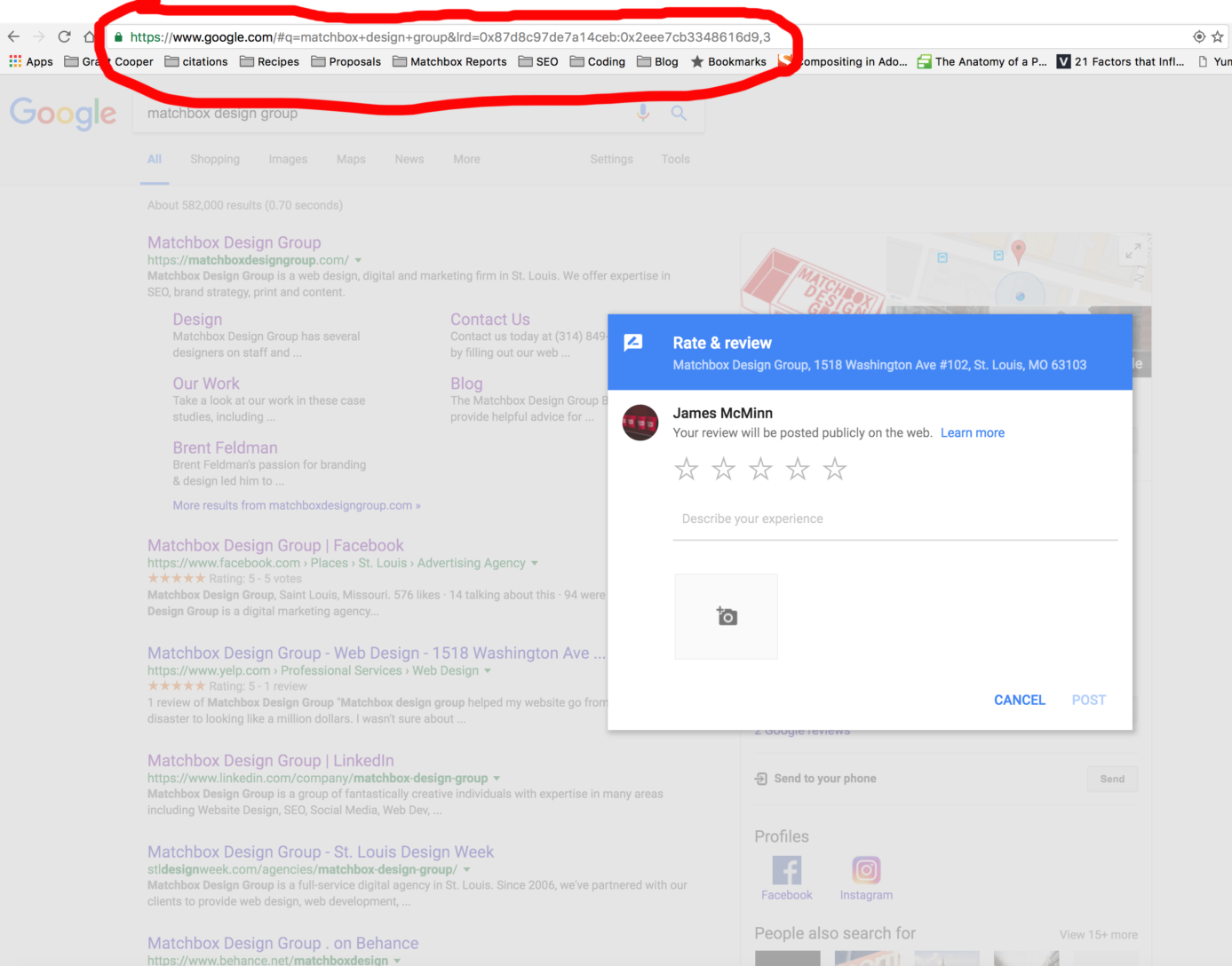 Google Review Box Pop-Up URL | Matchbox Design Group | St. Louis, MO Google My Business Page Reviews Pop Up box