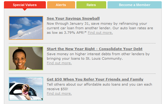 Saint Louis Community Credit Union Desktop Website Homepage Specials Tab saint-louis-community-credit-union-desktop-website-homepage-tab-feature-special-values-promotions-2010