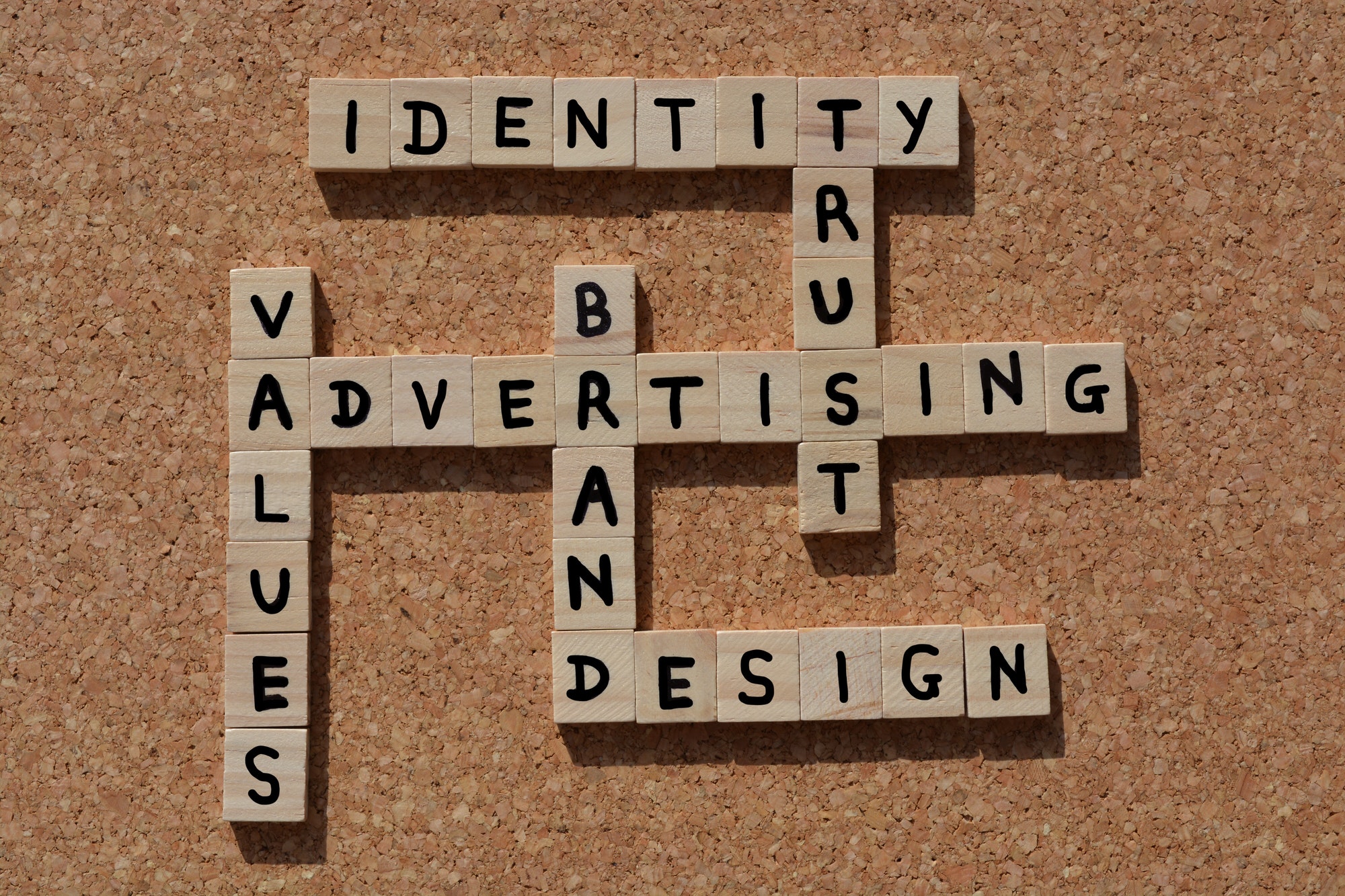 Advertising, Values, Brand, Identity, Trust, Design, written in blocks.