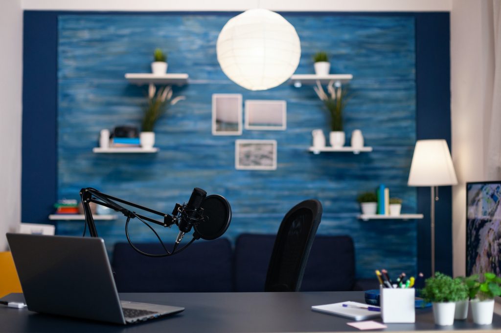 Empty Podcast Studio | Matchbox Design Group | St. Louis, MO Empty podcast studio with nobody in it equipped with professional production podcasting equipment.