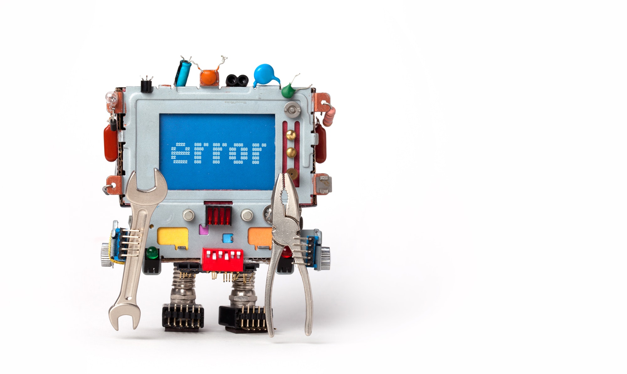 Robot with the words error on it's front screen.