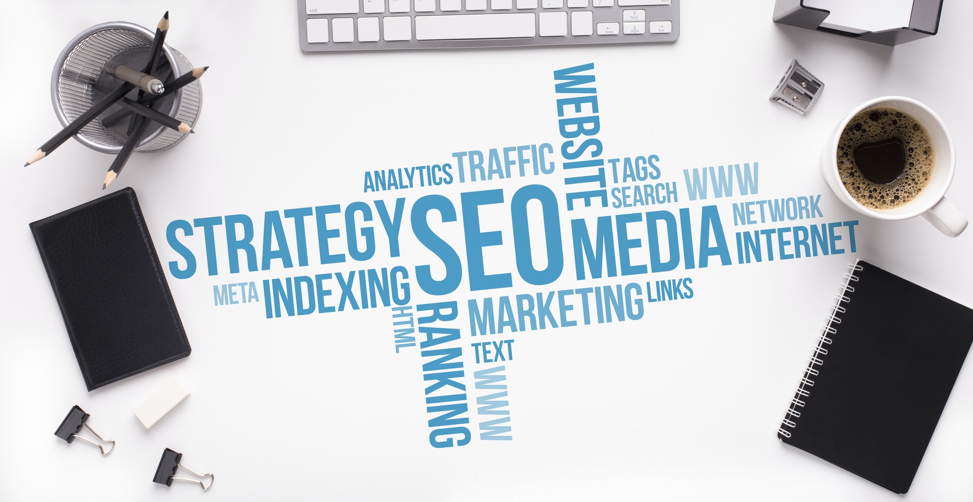 Wordcloud With Words Seo And Internet Terms. 7 SEO Techniques To Increase Organic Traffic.