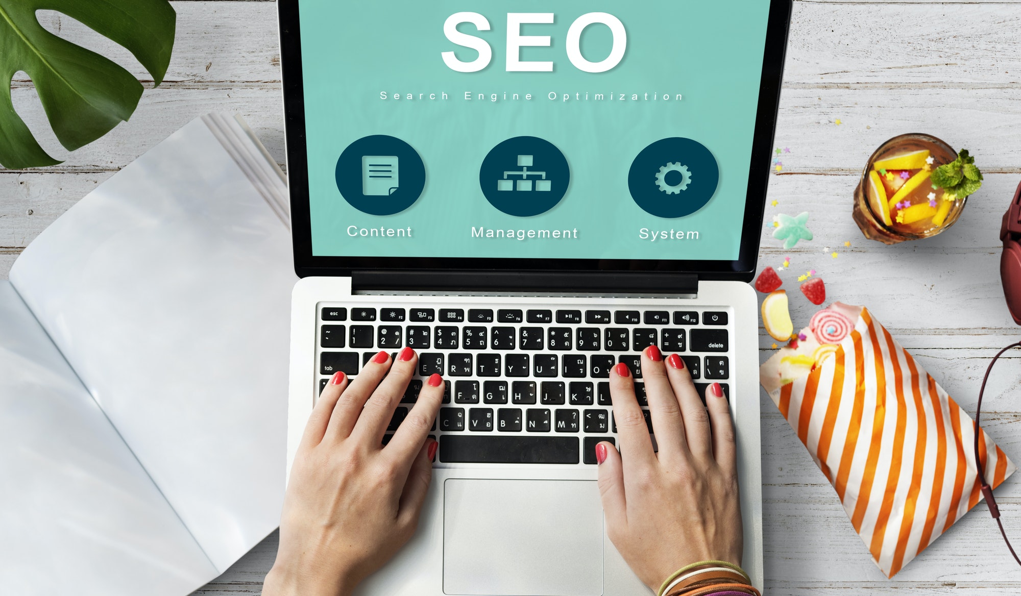 Blog SEO tips. Computer with SEO written on it.