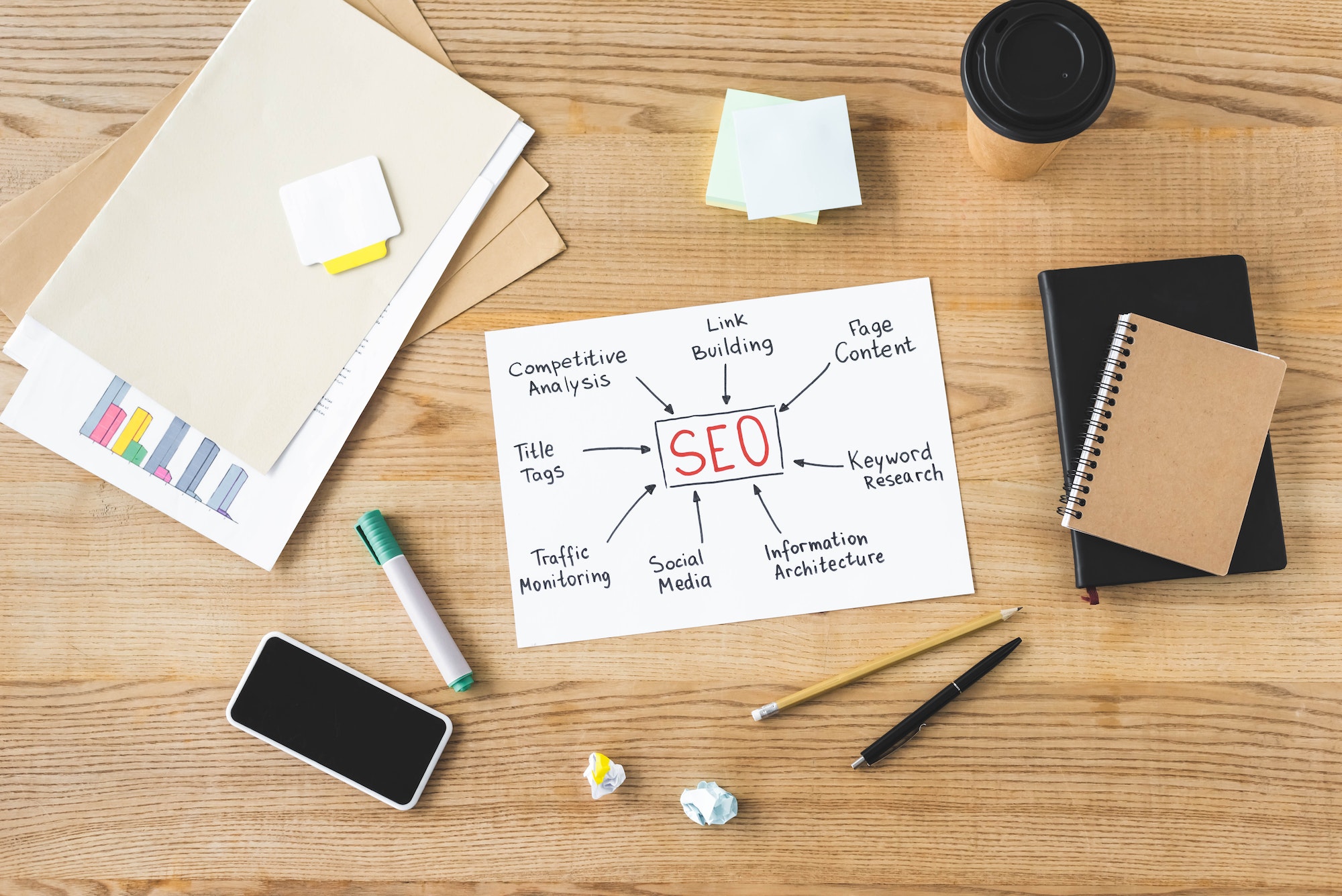 Paper with SEO written on it representing link building.