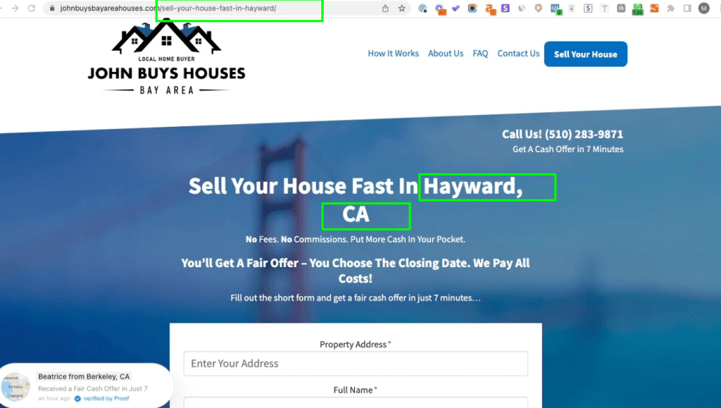 A city-specific landing page for Hayward, CA on John Buys Houses to boost local SEO