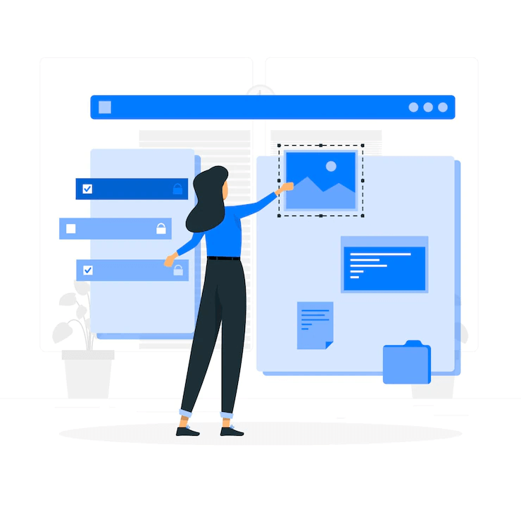Illustration of a woman creating balance, an essential web design principle, on a website