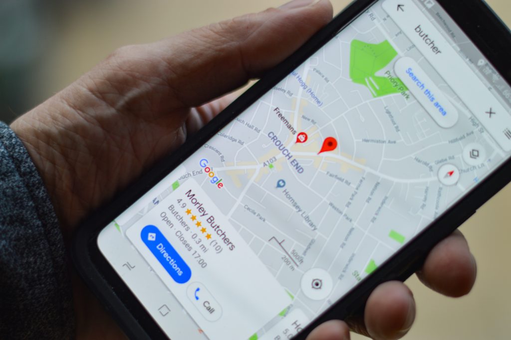 A phone with google maps open
