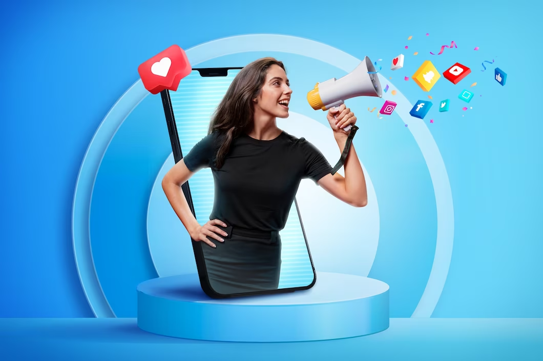 A woman with a megaphone that has social media icons coming out of it.