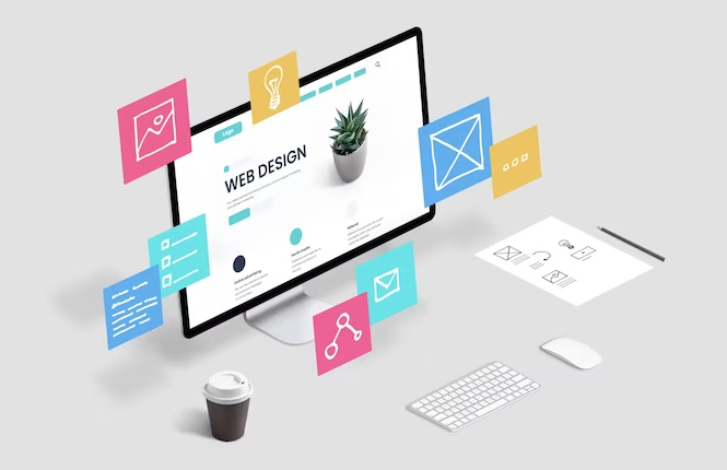 A computer that has "web design" on the screen