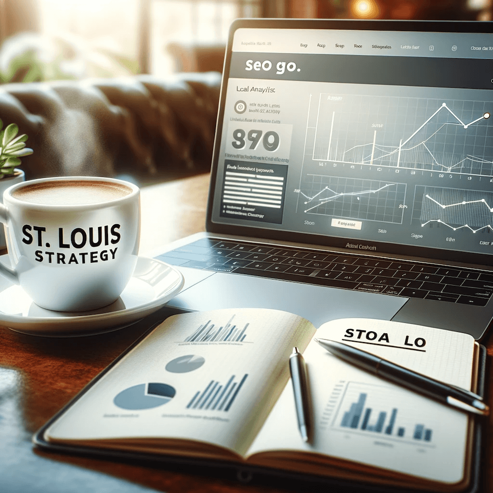 Measuring Success In Local SEO | Matchbox Design Group A close-up image of a laptop screen displaying local SEO analytics and graphs, with a coffee cup and a notepad with 'St. Louis SEO Strategy' written on it.