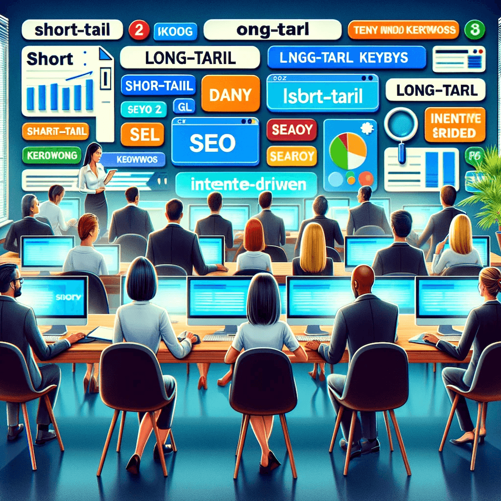 An image illustrating a diverse group of people in a St. Louis office setting, each looking at different screens displaying various types of keywords | Matchbox Design Group - St. Louis, MO A diverse group in a St. Louis office looking at different SEO screens.