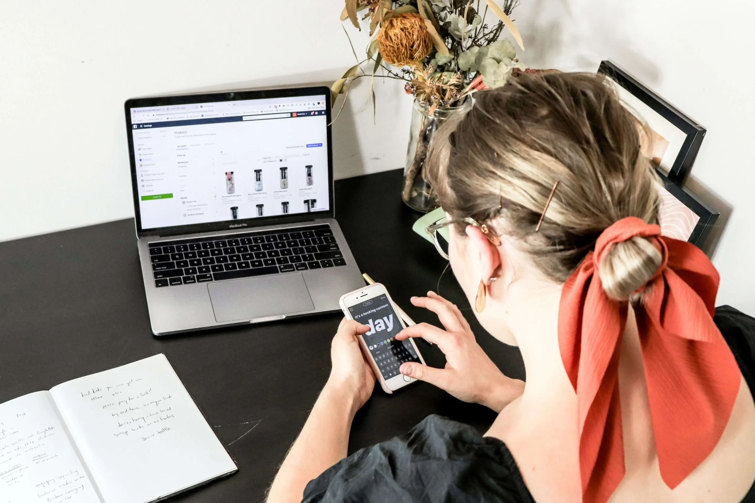 A woman looking at an ecommerce store with product descriptions