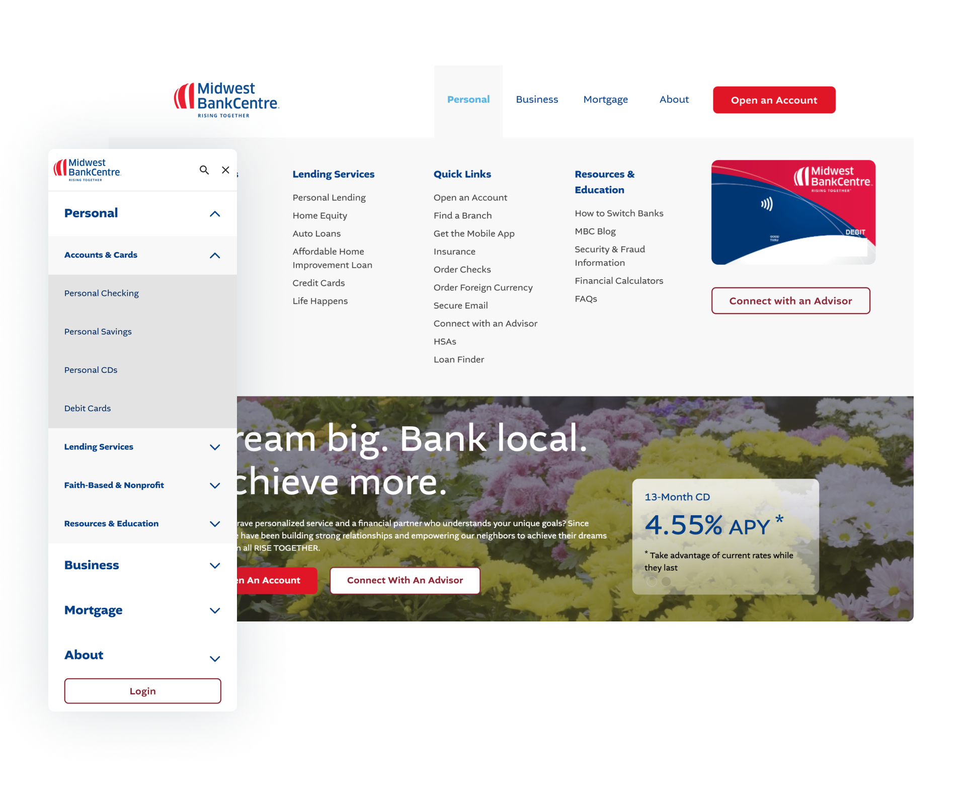 Midwest BankCentre Website Rebuild navigation.