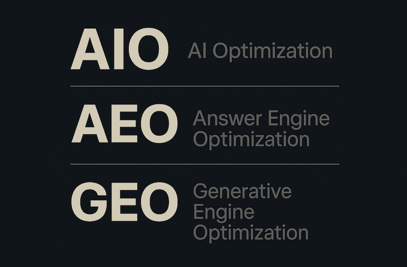 AIO - AI Optimization. AEO - Answer Engine Optimization. GEO - Generative Engine Optimization